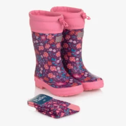Hatley Girls Purple Wild Flowers Rain Boots & Socks